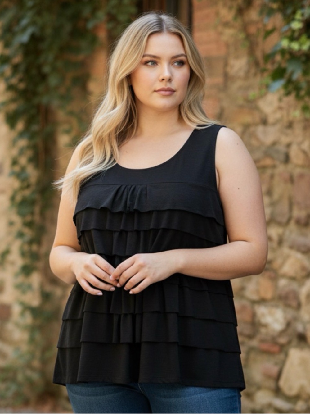 🫶🏻 Rafaella Black Tiered Ruffle Sleeveless Tank Top